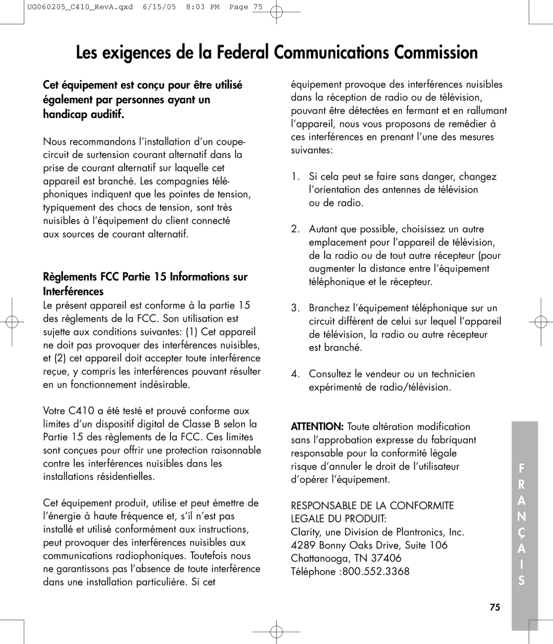 Clarity C410 owner manual Règlements FCC Partie 15 Informations sur Interférences 