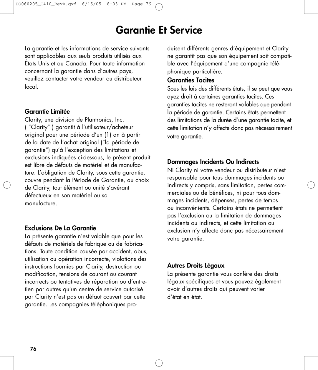 Clarity C410 owner manual Garantie Et Service 