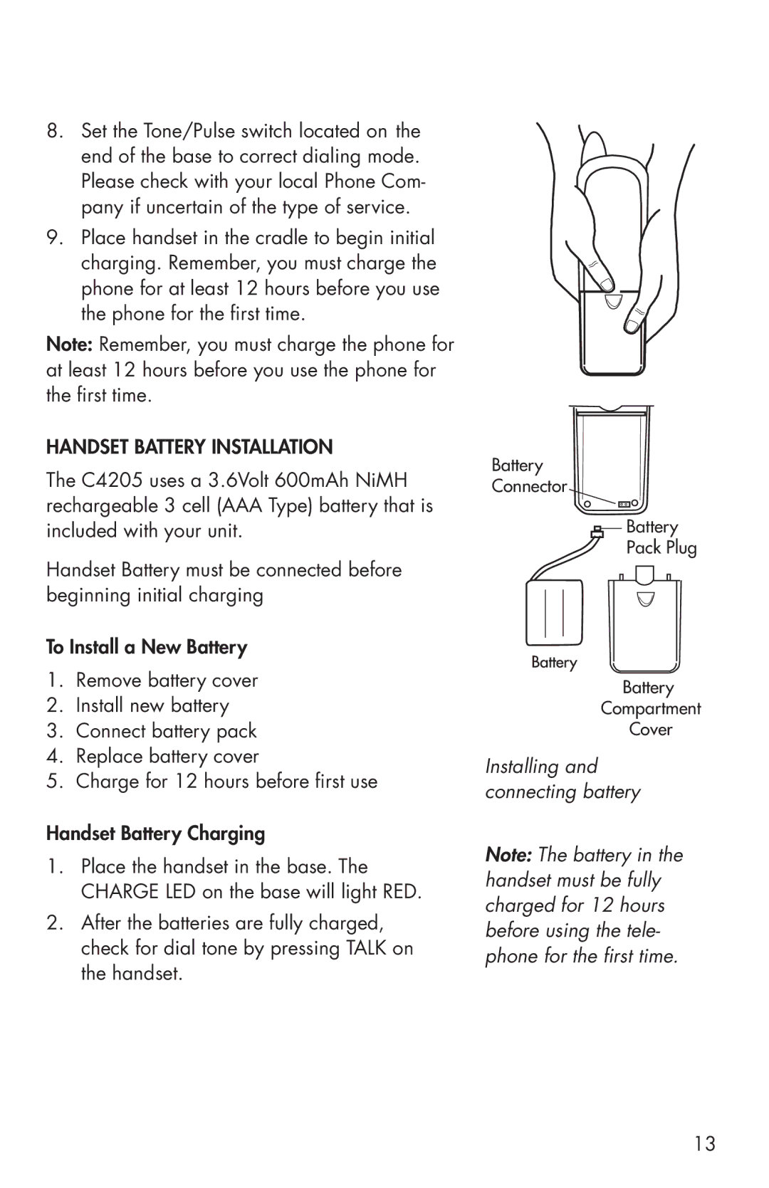 Clarity C4205 manual Handset Battery Installation 