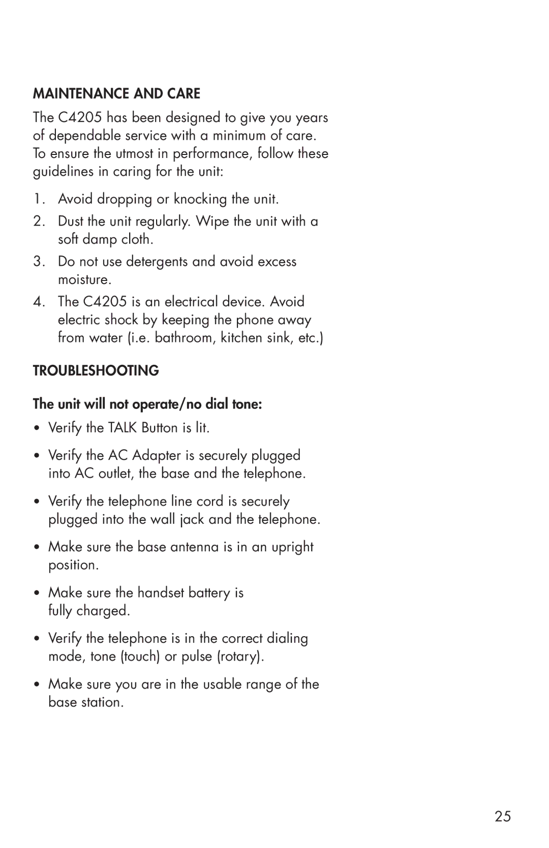 Clarity C4205 manual Maintenance and Care, Troubleshooting 