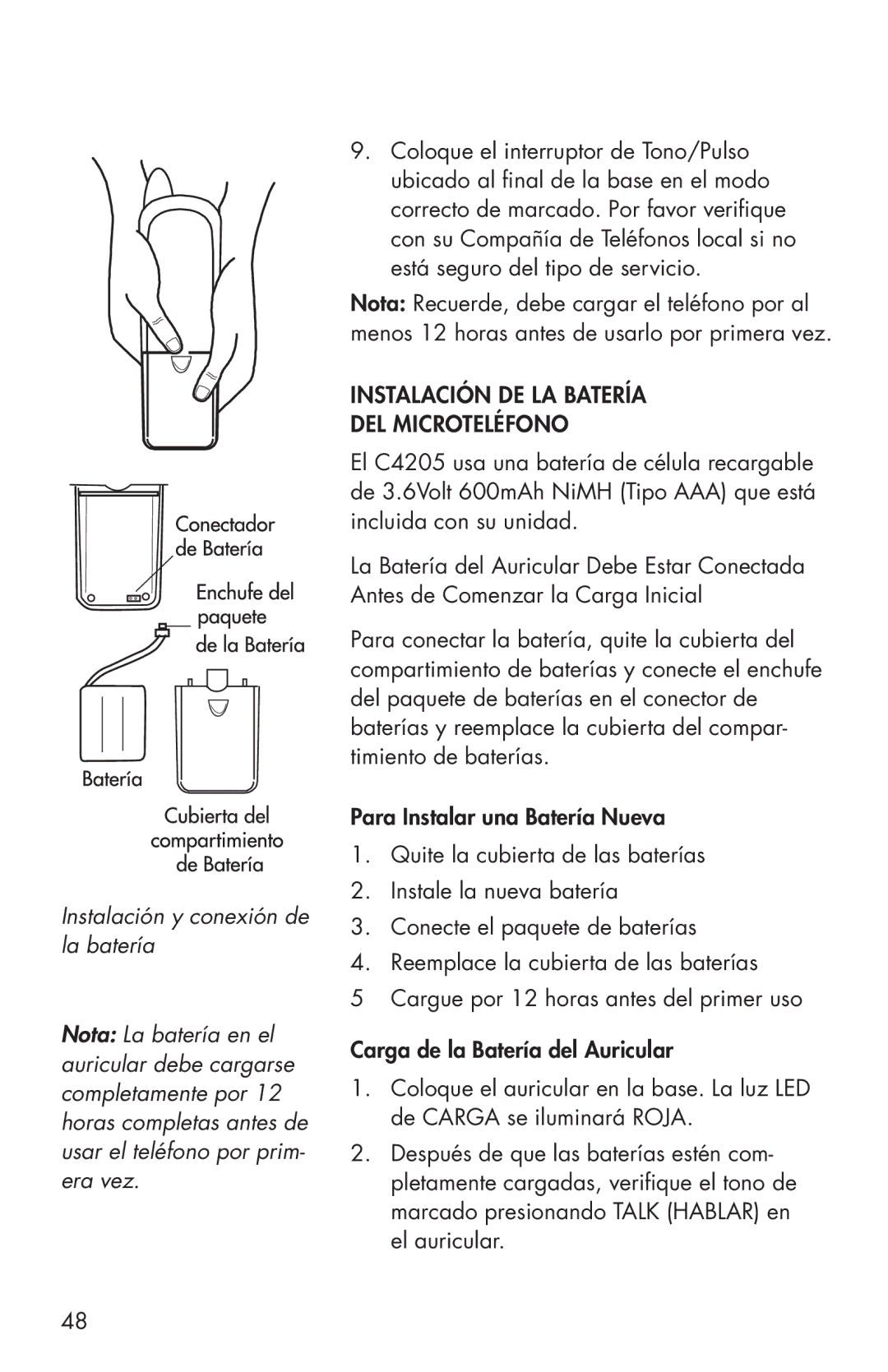 Clarity C4205 manual Instalación DE LA Batería DEL Microteléfono 