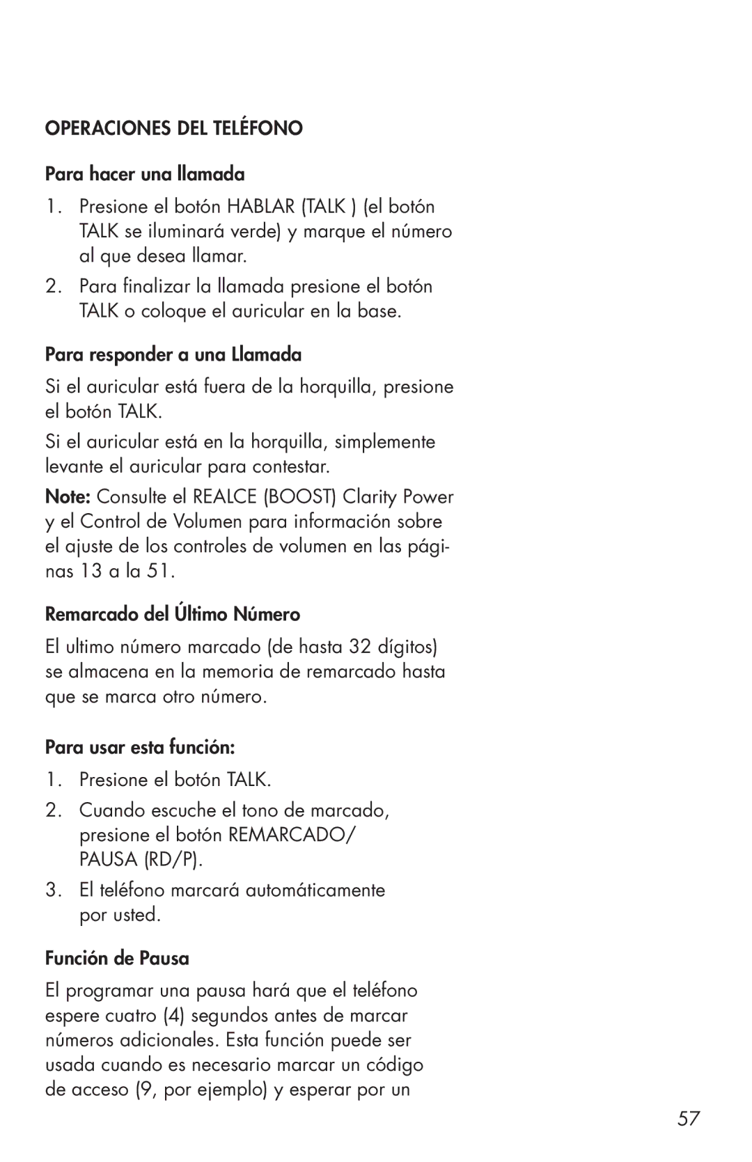 Clarity C4205 manual Operaciones DEL Teléfono 