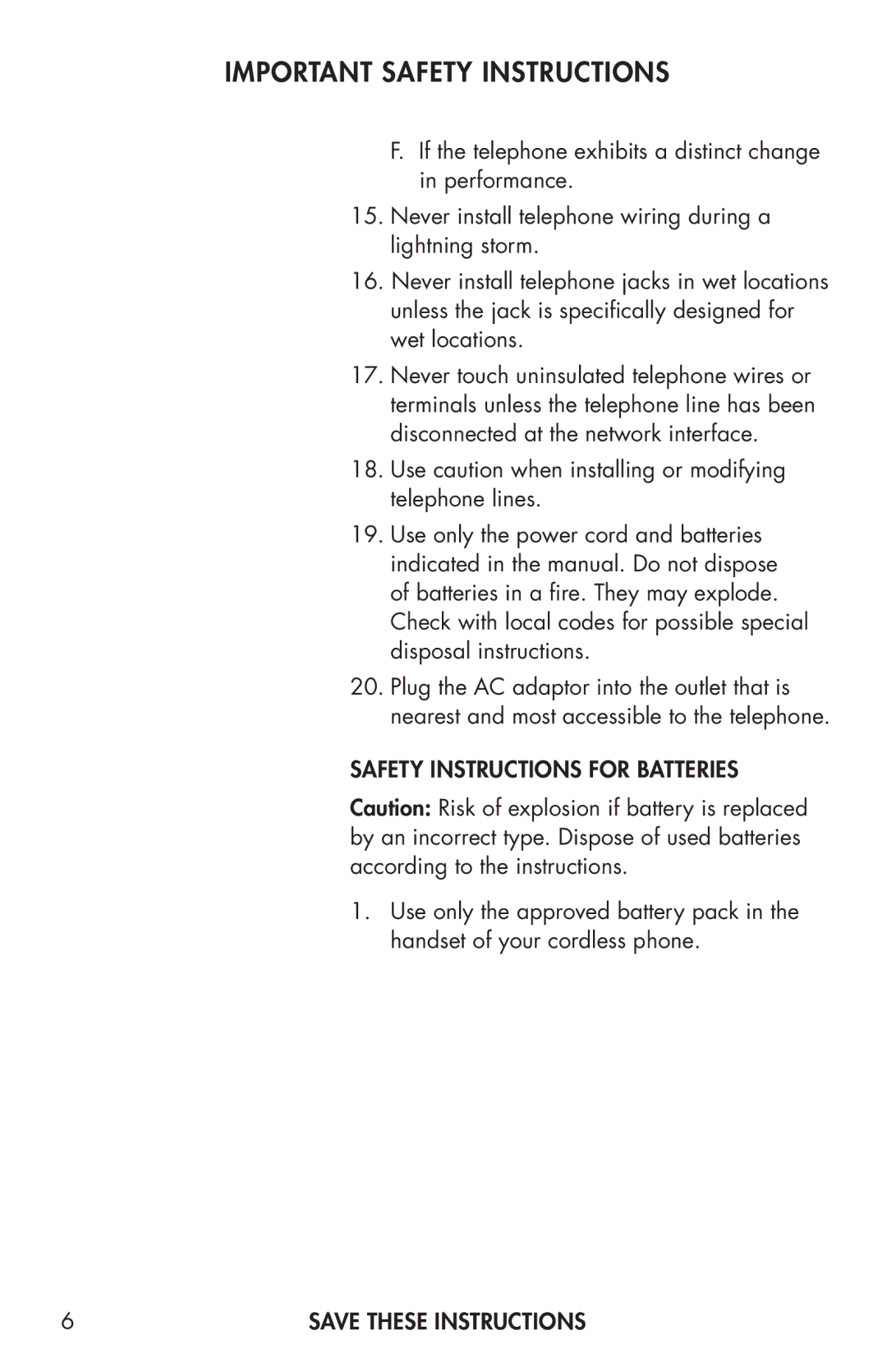 Clarity C4205 manual Safety Instructions for Batteries 