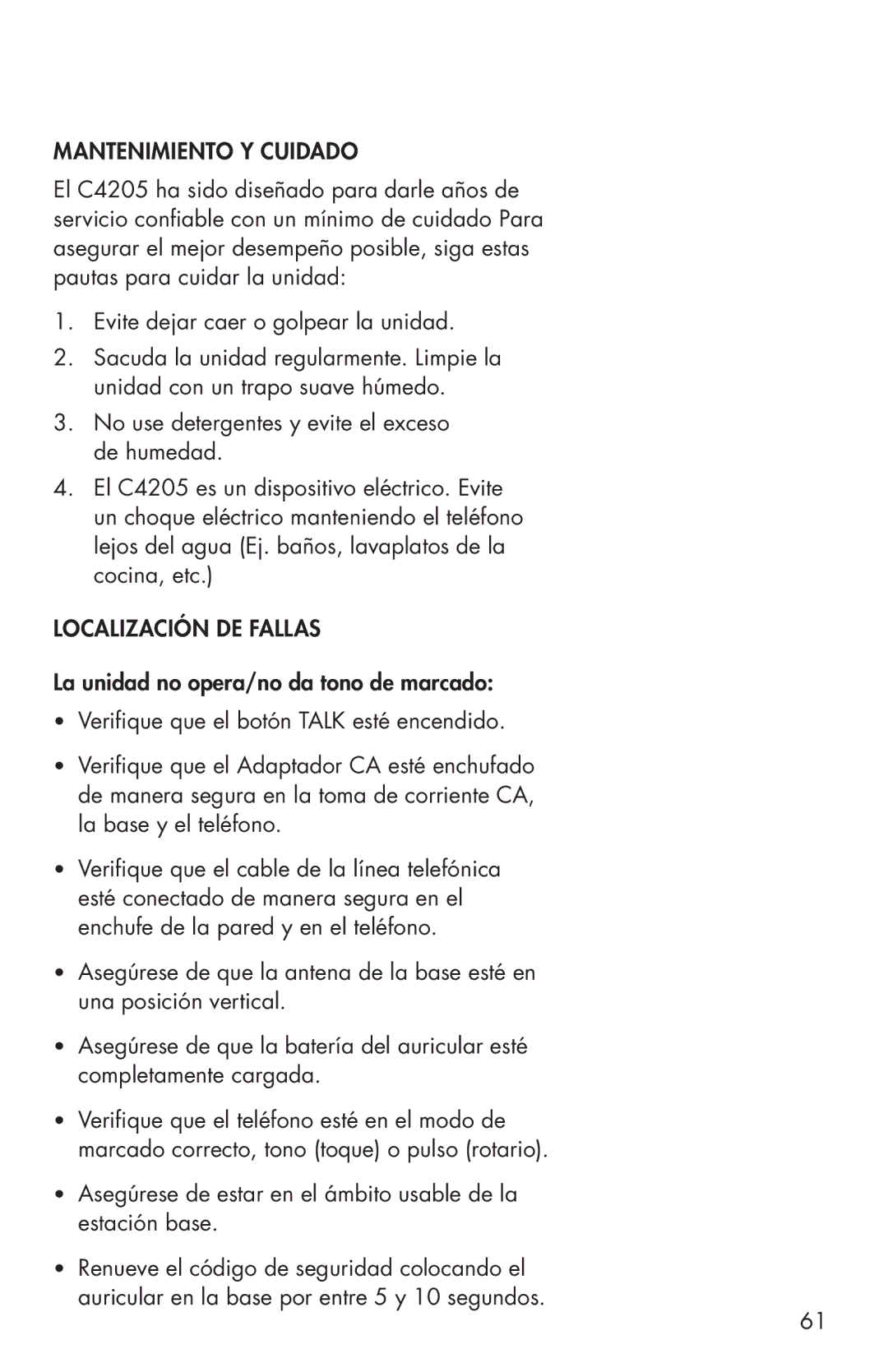 Clarity C4205 manual Mantenimiento Y Cuidado, Localización DE Fallas 