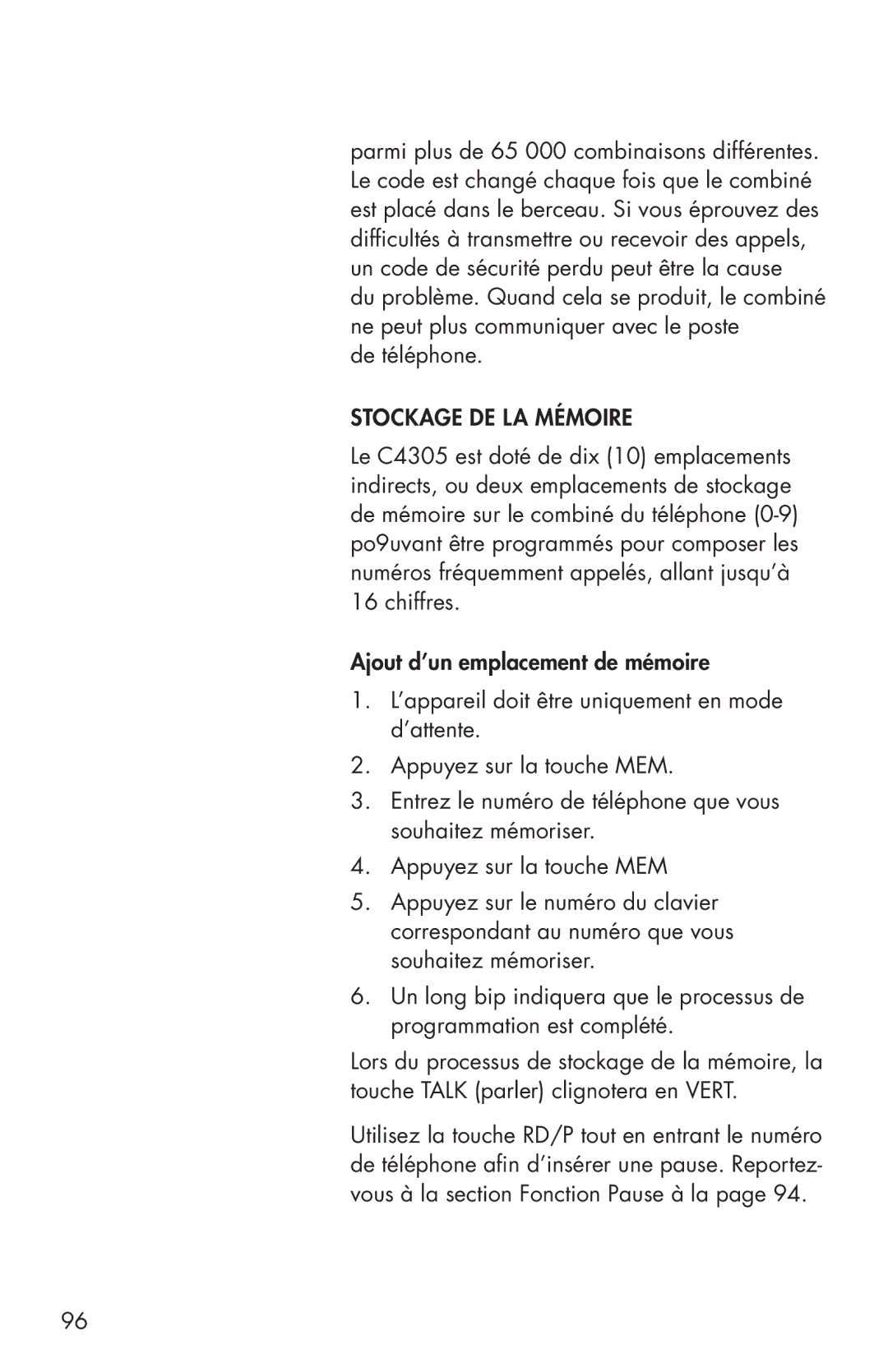 Clarity C4205 manual Stockage DE LA Mémoire 