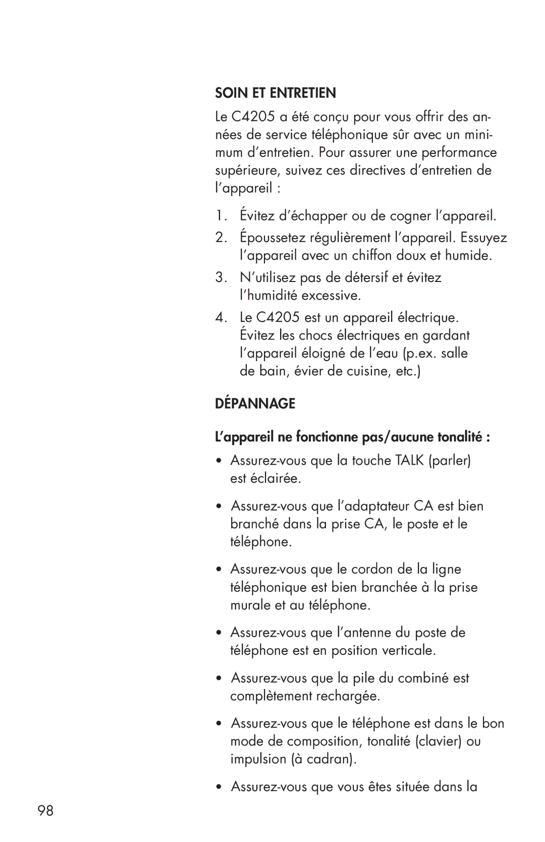 Clarity C4205 manual Soin ET Entretien, Dépannage 