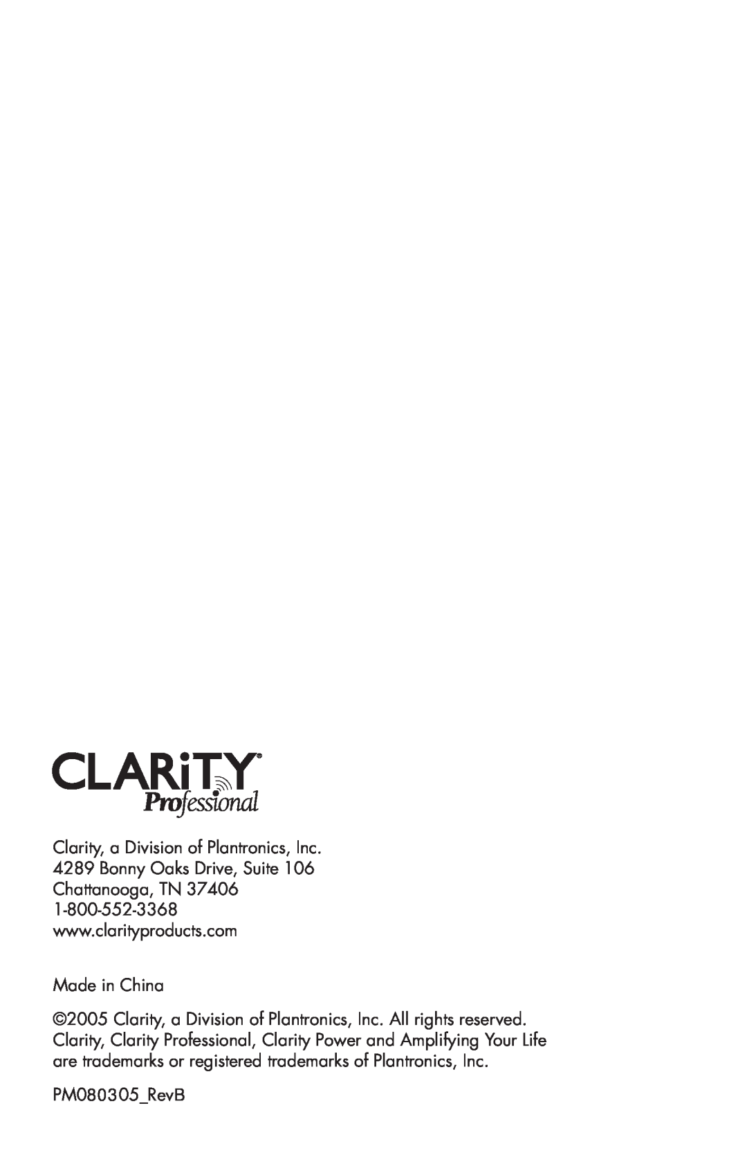 Clarity C4205 manual Made in China, PM080305RevB 