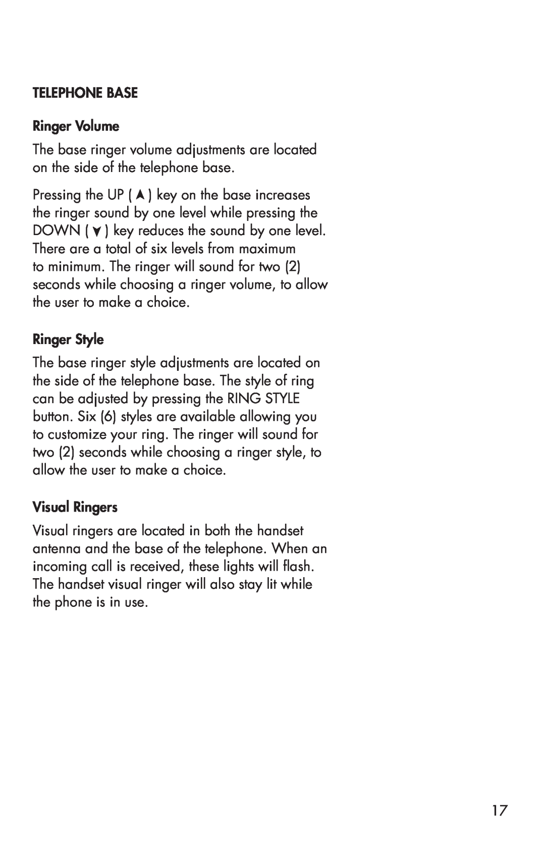 Clarity C4205 manual TELEPHONE BASE Ringer Volume, Ringer Style, Visual Ringers 