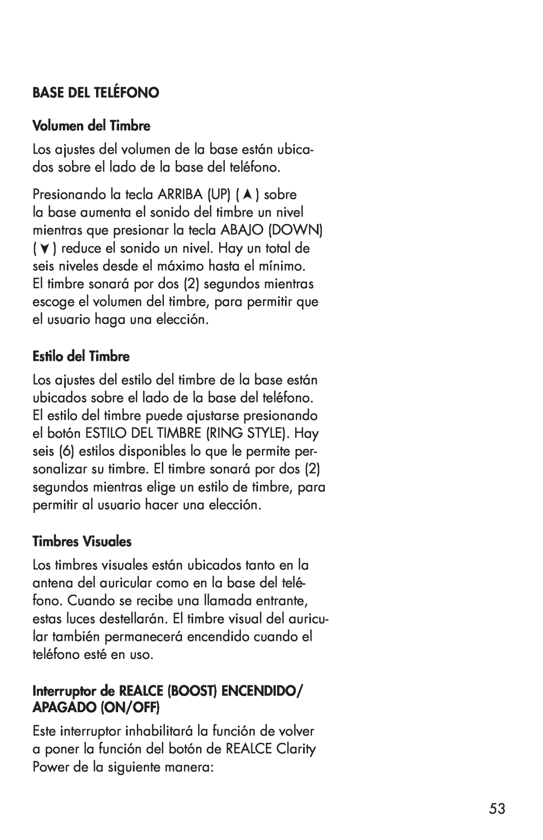 Clarity C4205 manual BASE DEL TELÉFONO Volumen del Timbre, Estilo del Timbre, Timbres Visuales 