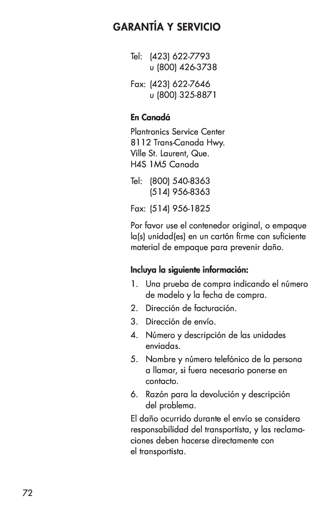 Clarity C4205 manual Garantía Y Servicio, Tel 423 u 800 Fax 423 u 800 En Canadá Plantronics Service Center 
