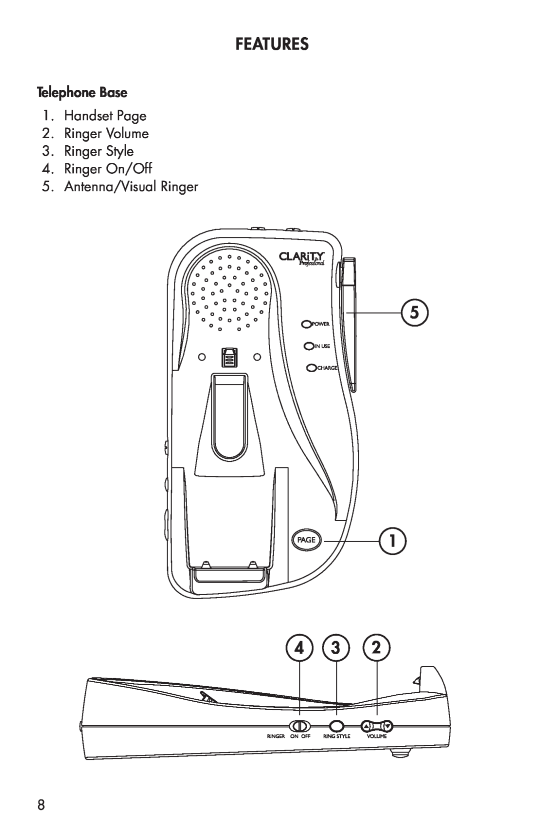 Clarity C4205 manual Features, Telephone Base 1. Handset Page 2. Ringer Volume 3. Ringer Style 