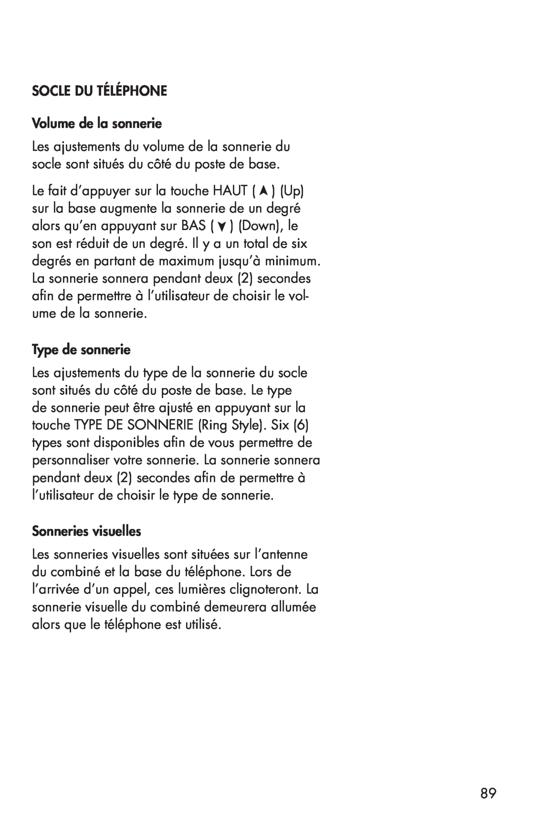 Clarity C4205 manual SOCLE DU TÉLÉPHONE Volume de la sonnerie, Type de sonnerie, Sonneries visuelles 