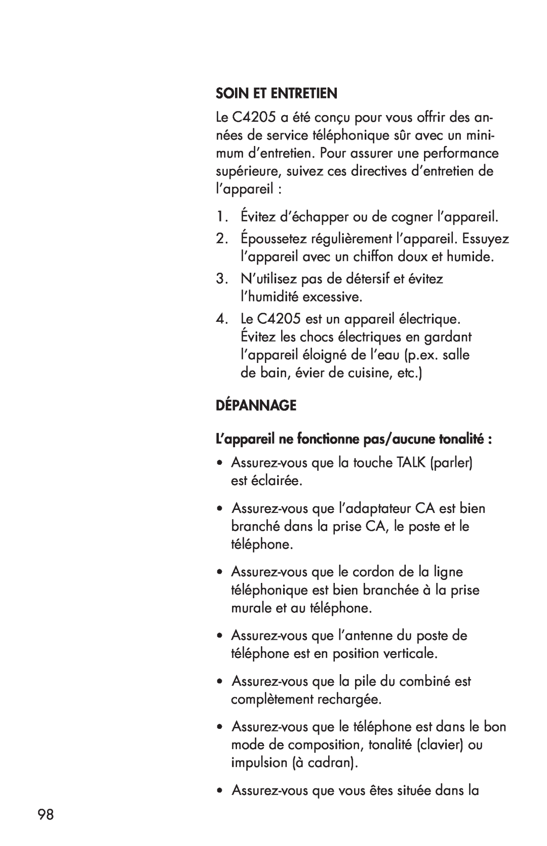 Clarity C4205 manual Soin Et Entretien 