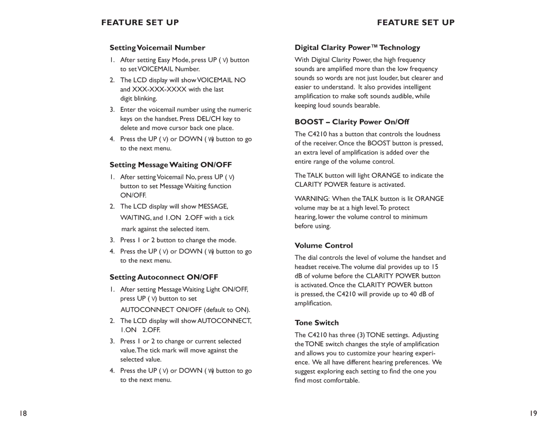 Clarity C4210 manual Setting Voicemail Number, Setting Message Waiting ON/OFF, Setting Autoconnect ON/OFF, Volume Control 