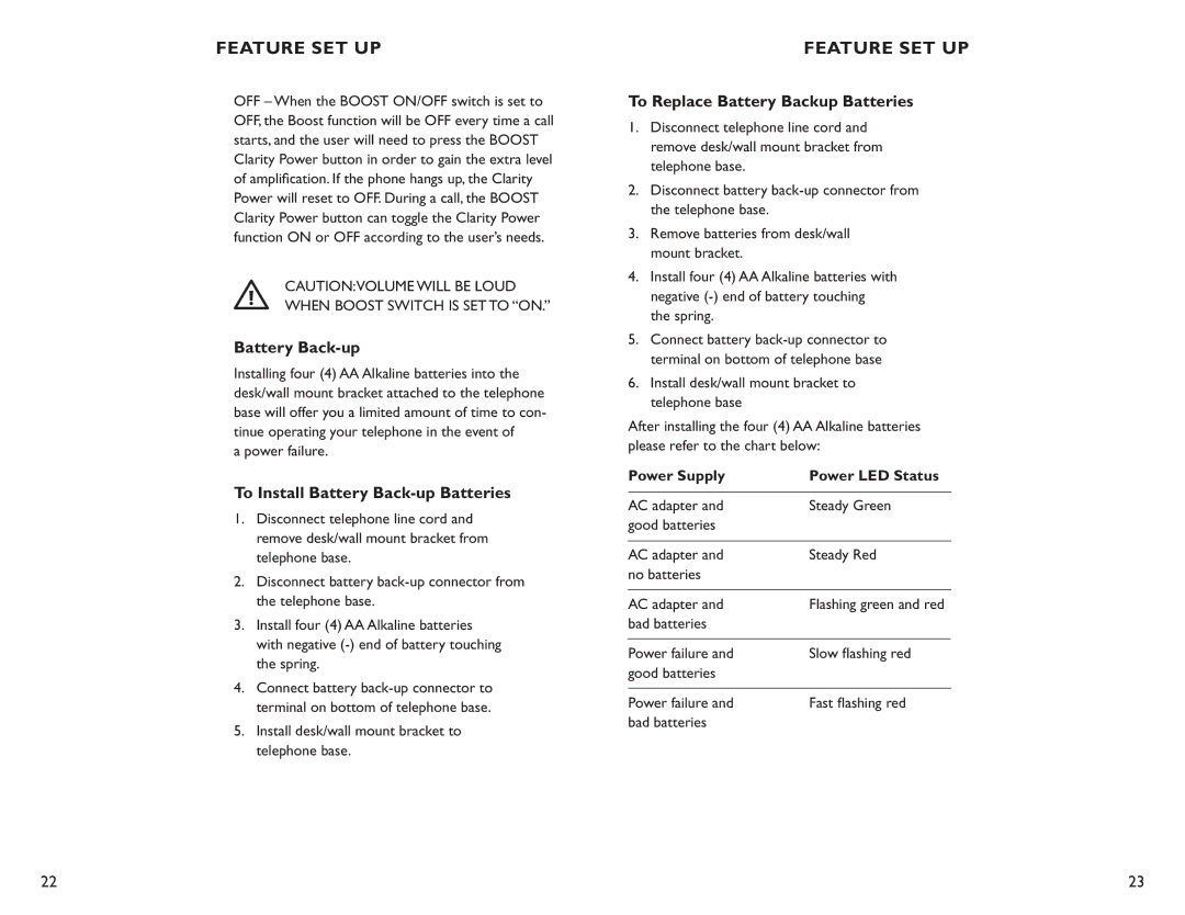 Clarity C4210 manual To Install Battery Back-up Batteries, To Replace Battery Backup Batteries, Power failure 