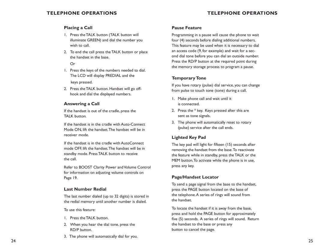 Clarity C4210 manual Telephone Operations 