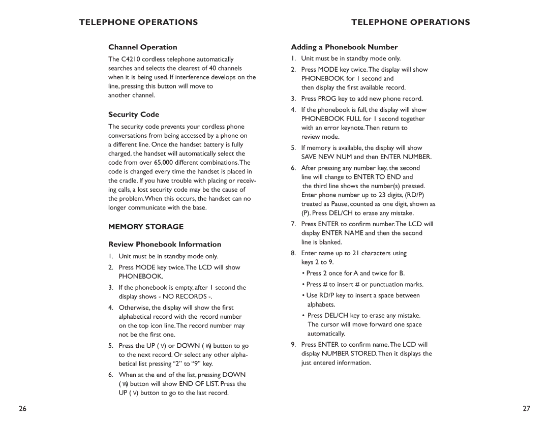 Clarity C4210 Channel Operation, Security Code, Memory Storage, Review Phonebook Information, Adding a Phonebook Number 