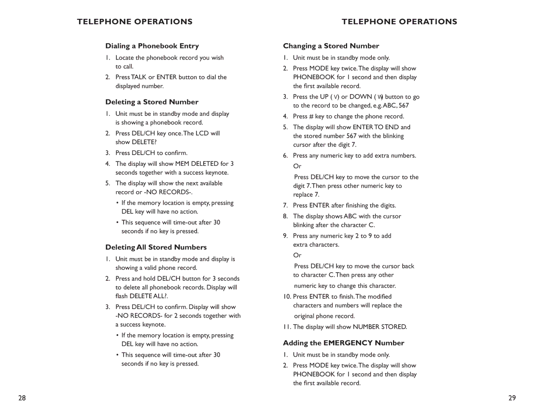 Clarity C4210 Dialing a Phonebook Entry, Deleting a Stored Number, Deleting All Stored Numbers, Changing a Stored Number 