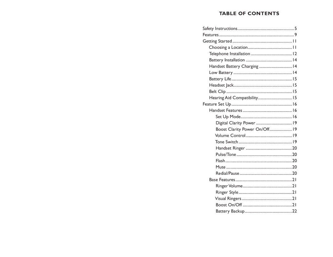 Clarity C4210 manual Table of Contents 