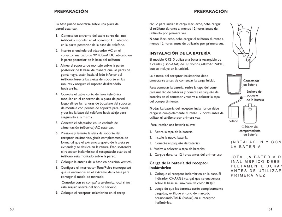 Clarity C4210 manual Instalación DE LA Batería, Carga de la batería del receptor inalámbrico 