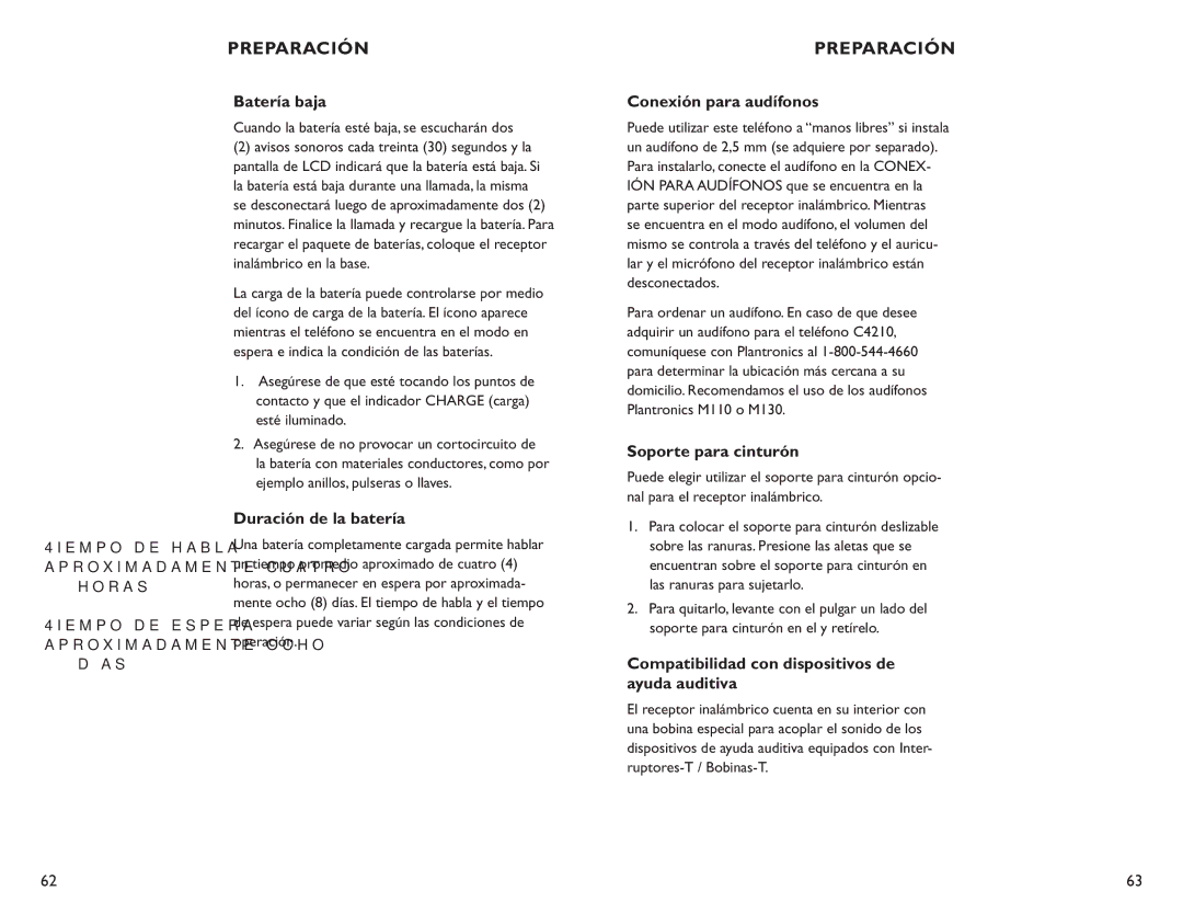 Clarity C4210 manual Batería baja, Duración de la batería, Conexión para audífonos, Soporte para cinturón 