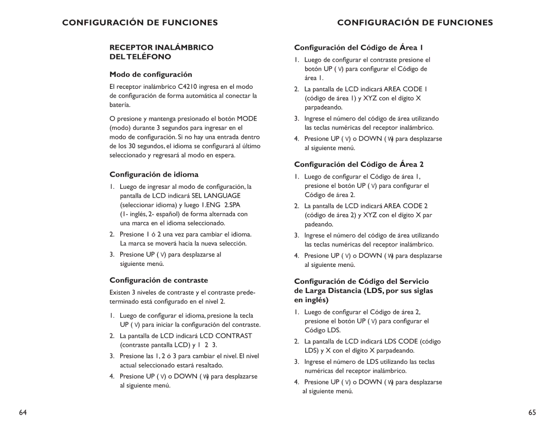 Clarity C4210 manual Configuración DE Funciones, Receptor Inalámbrico DEL Teléfono 