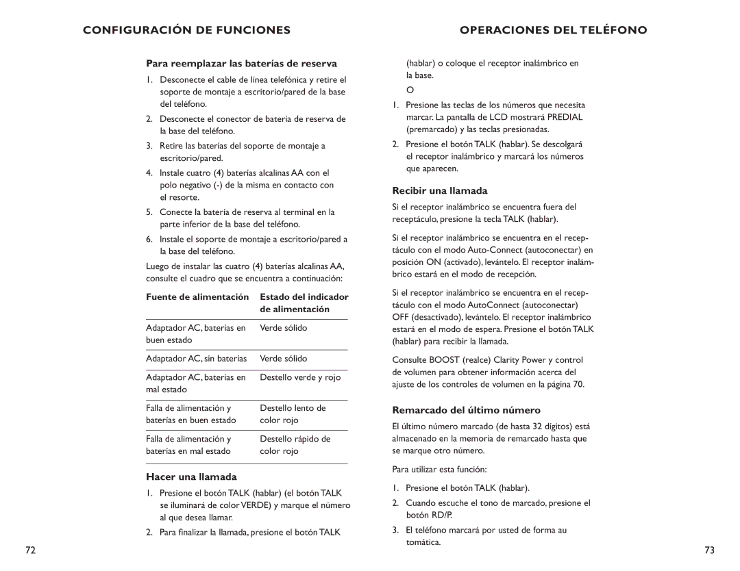 Clarity C4210 Operaciones DEL Teléfono, Para reemplazar las baterías de reserva, Hacer una llamada, Recibir una llamada 