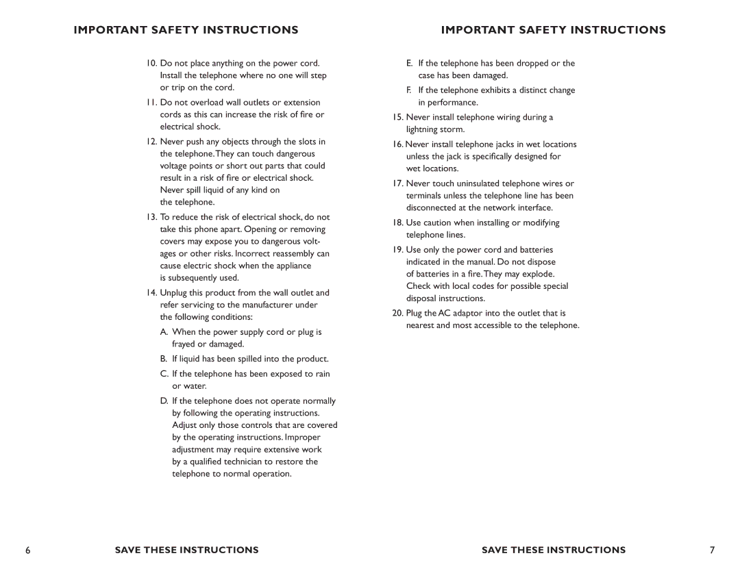 Clarity C4210 manual Telephone, Use caution when installing or modifying telephone lines 