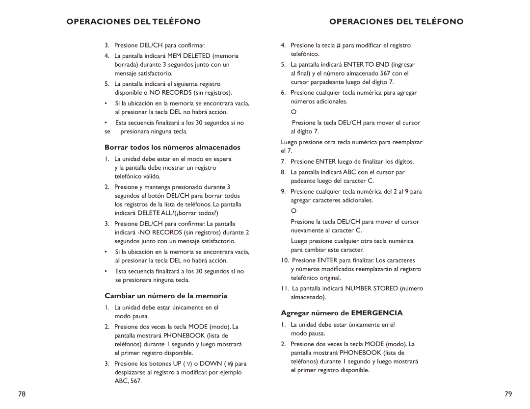 Clarity C4210 manual Borrar todos los números almacenados, Cambiar un número de la memoria, Agregar número de Emergencia 