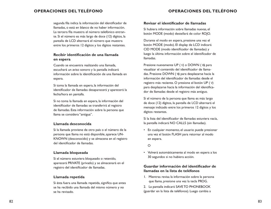 Clarity C4210 Recibir identiﬁcación de una llamada en espera, Llamada desconocida, Llamada bloqueada, Llamada repetida 