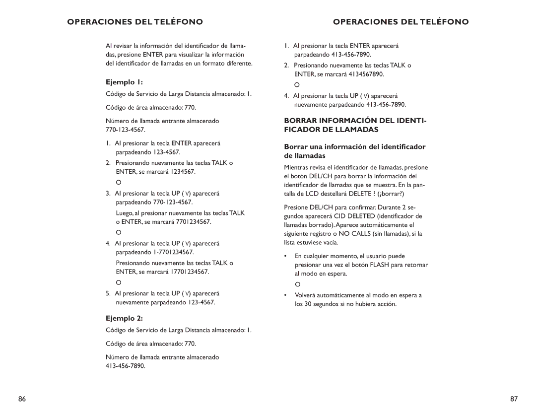 Clarity C4210 manual Ejemplo, Borrar Información DEL IDENTI- Ficador DE Llamadas 