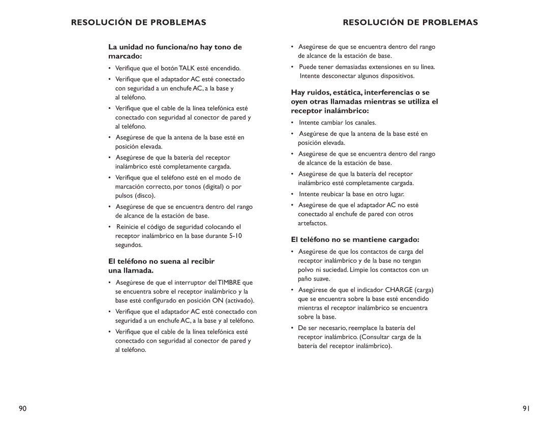 Clarity C4210 Resolución DE Problemas, La unidad no funciona/no hay tono de marcado, El teléfono no se mantiene cargado 