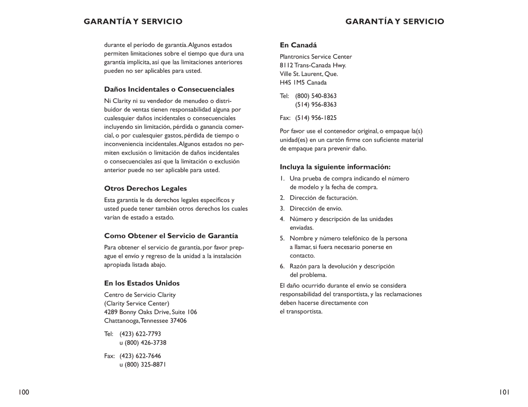 Clarity C4210 manual Daños Incidentales o Consecuenciales, Otros Derechos Legales, Como Obtener el Servicio de Garantía 