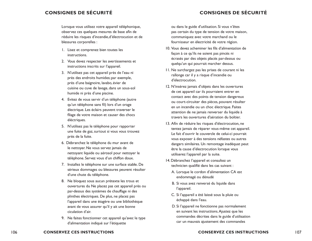 Clarity C4210 manual Consignes DE Sécurité, 107, Ou dans le guide d’utilisation. Si vous n’êtes 