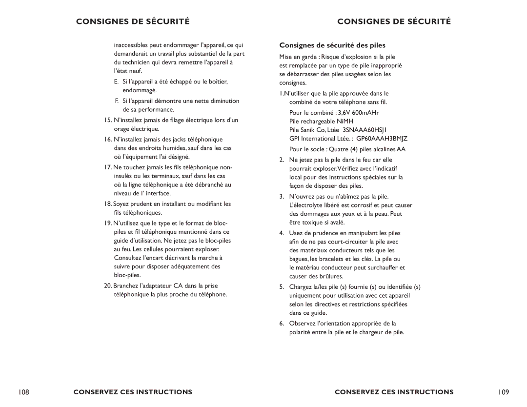 Clarity C4210 manual Consignes de sécurité des piles, 109 