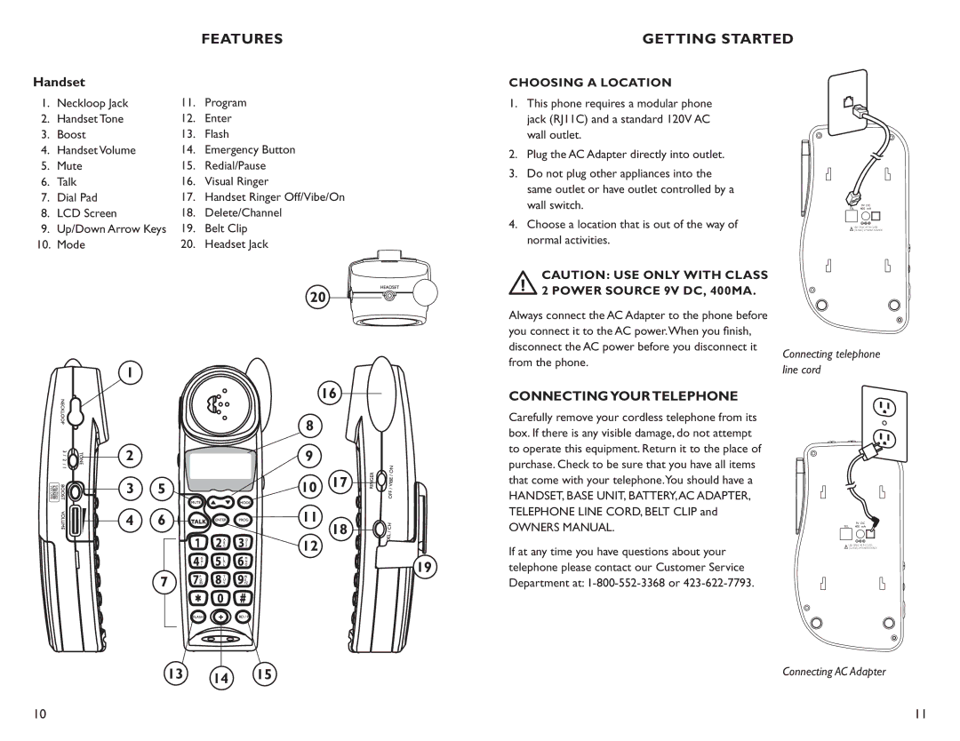 Clarity C4210 manual Getting Started, Handset, Connectingyour Telephone 