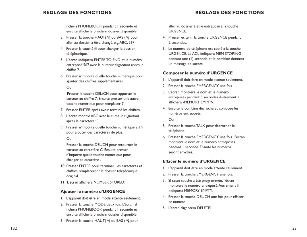 Clarity C4210 manual Ajouter le numéro d’URGENCE, Composer le numéro d’URGENCE, Effacer le numéro d’URGENCE 