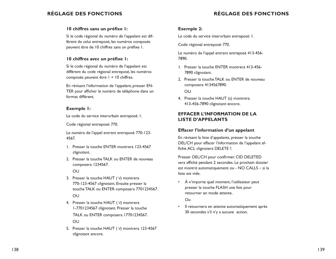 Clarity C4210 manual Chiffres avec un préﬁxe, Exemple, Effacer L’INFORMATION DE LA Liste D’APPELANTS 