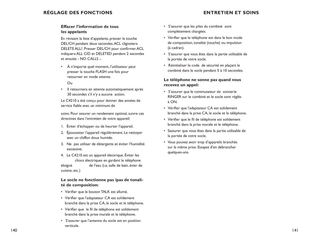 Clarity C4210 manual Entretien ET Soins, Effacer l’information de tous les appelants 