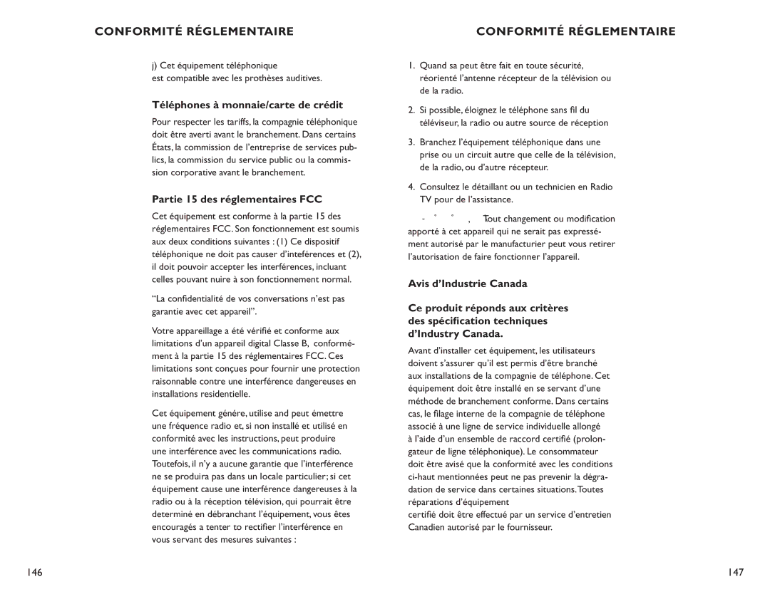 Clarity C4210 manual Téléphones à monnaie/carte de crédit, Partie 15 des réglementaires FCC 