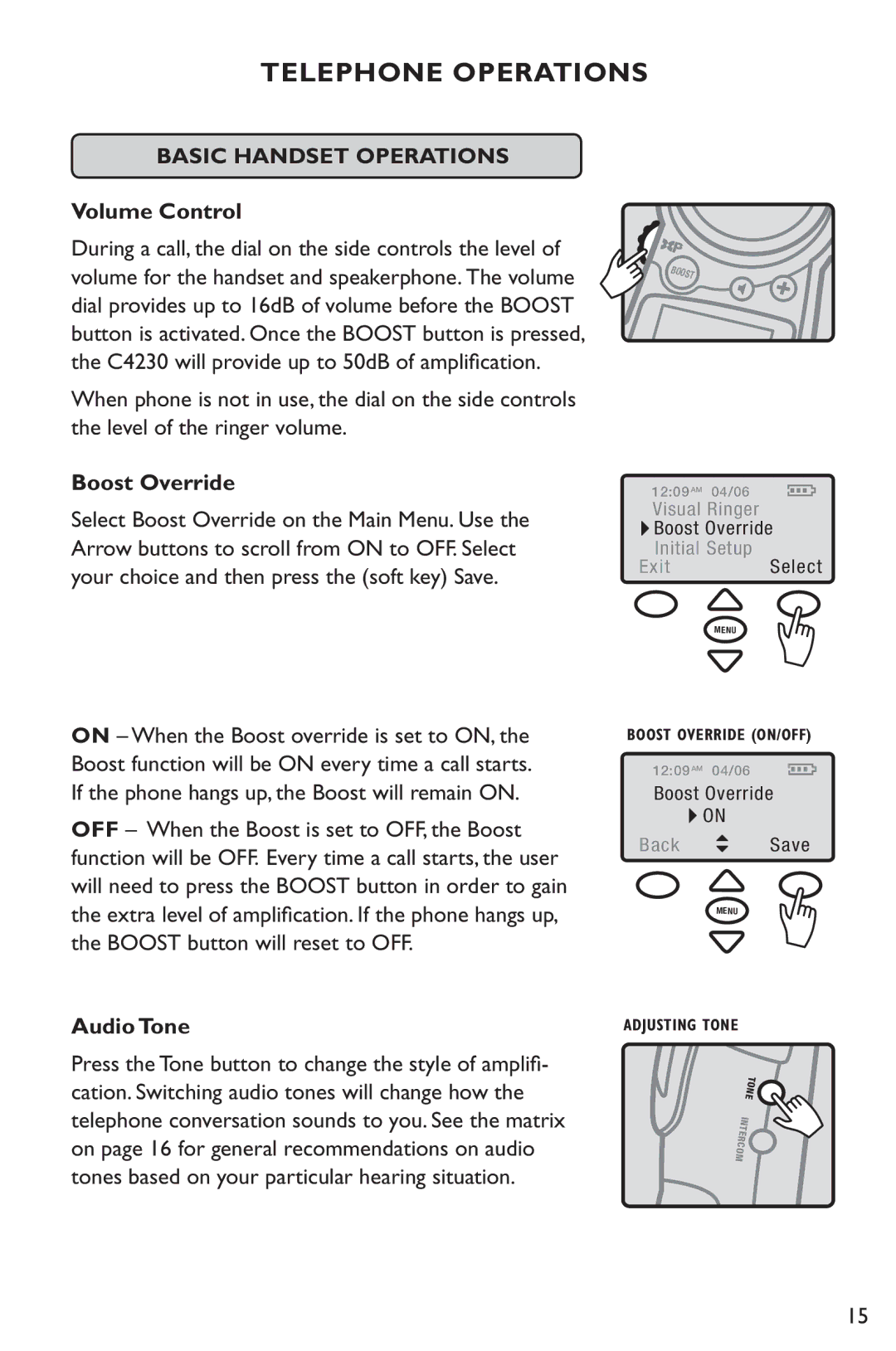 Clarity C4230 manual Volume Control, Boost Override, Audio Tone 