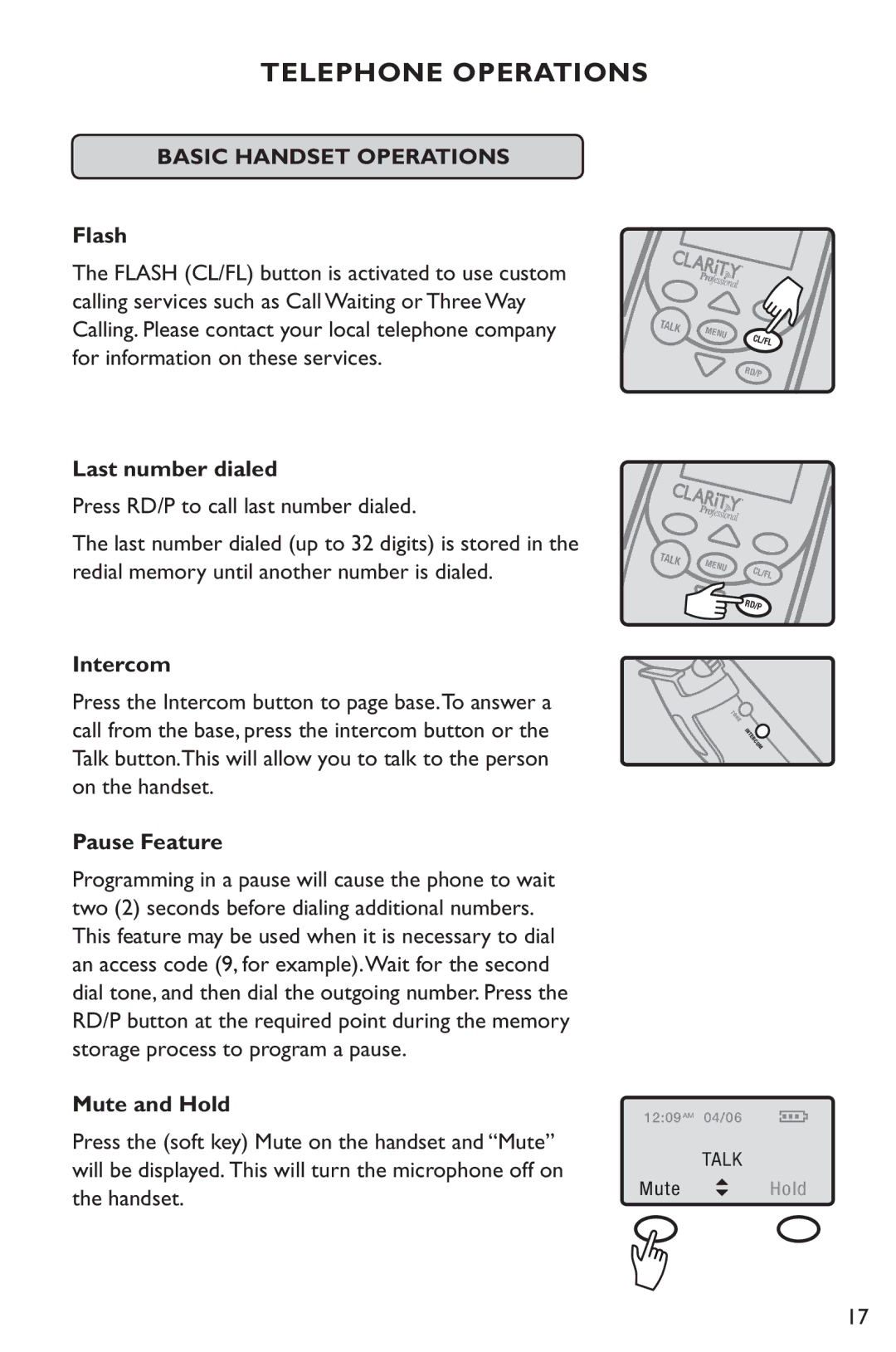 Clarity C4230 manual Flash, Last number dialed, Intercom, Pause Feature, Mute and Hold 