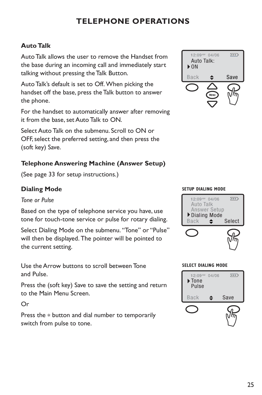 Clarity C4230 manual Auto Talk, Telephone Answering Machine Answer Setup, See page 33 for setup instructions, Dialing Mode 