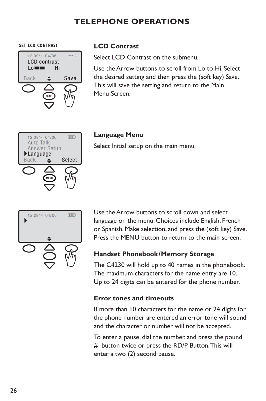 Clarity C4230 manual LCD Contrast, Language Menu, Handset Phonebook/Memory Storage, Error tones and timeouts 