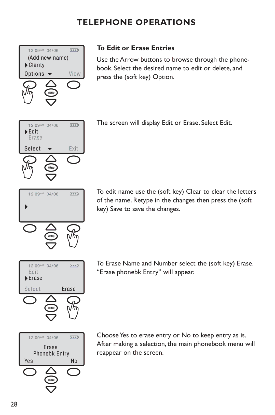 Clarity C4230 manual To Edit or Erase Entries, Options 