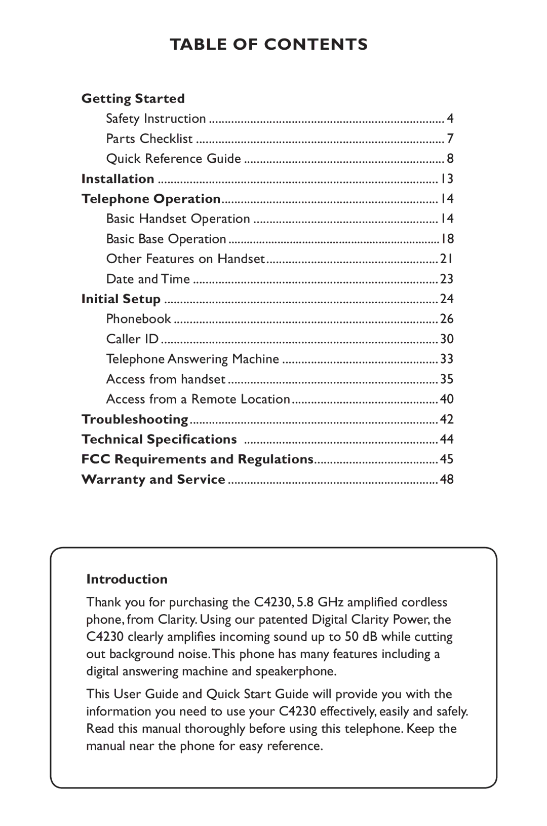 Clarity C4230 manual Table of Contents 