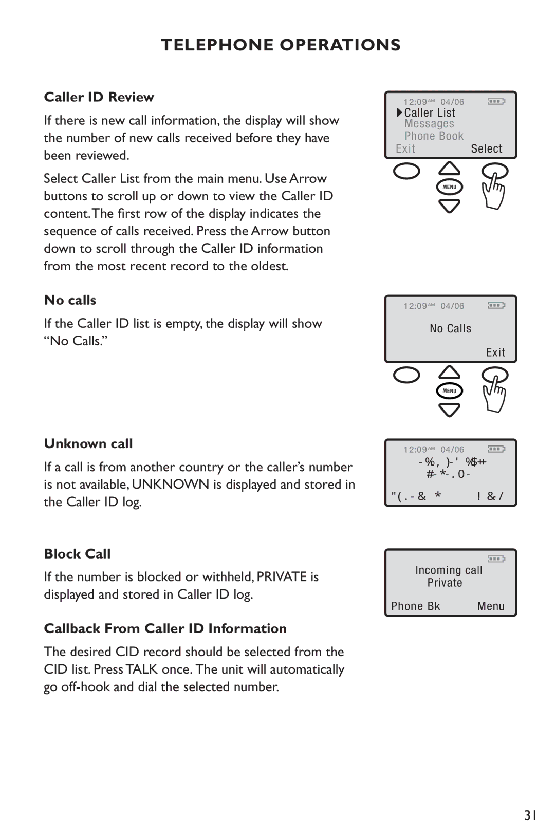 Clarity C4230 manual Caller ID Review, No calls, Unknown call, Block Call, Callback From Caller ID Information 