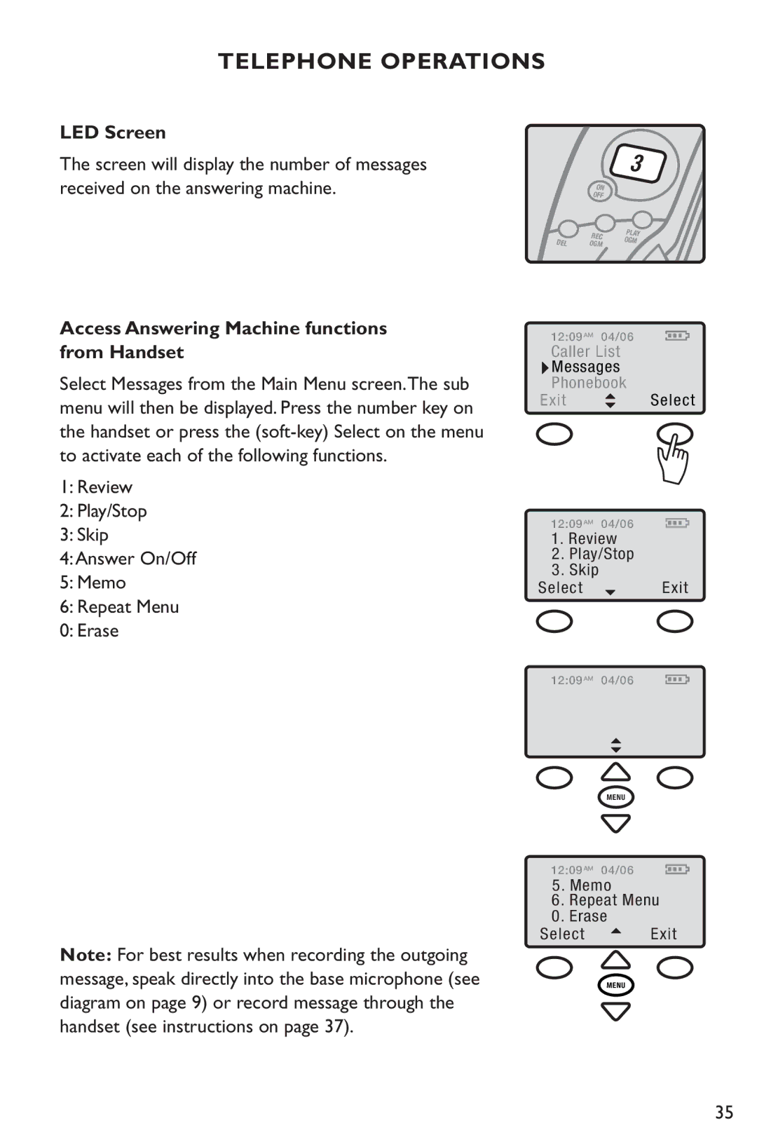 Clarity C4230 manual LED Screen, Access Answering Machine functions from Handset 