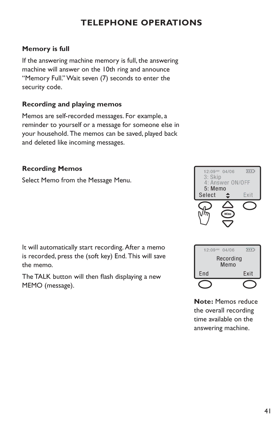 Clarity C4230 manual Memory is full, Recording and playing memos, Recording Memos, Select Memo from the Message Menu 