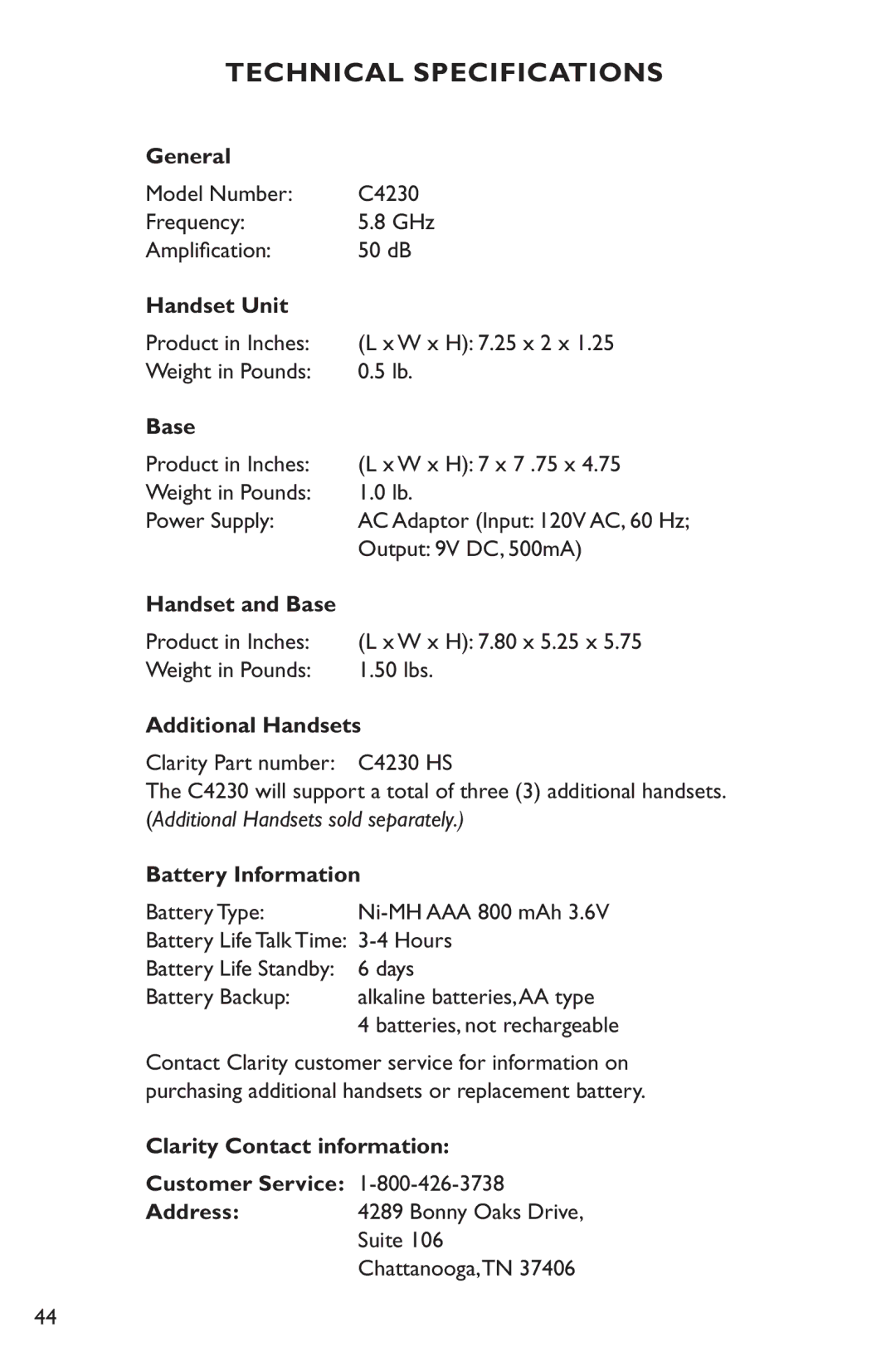 Clarity C4230 manual Technical Specifications 